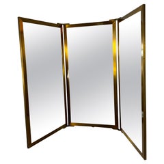 Handsome , Modernist / Industrial Tri-fold Brass and Wood Wall Mirror