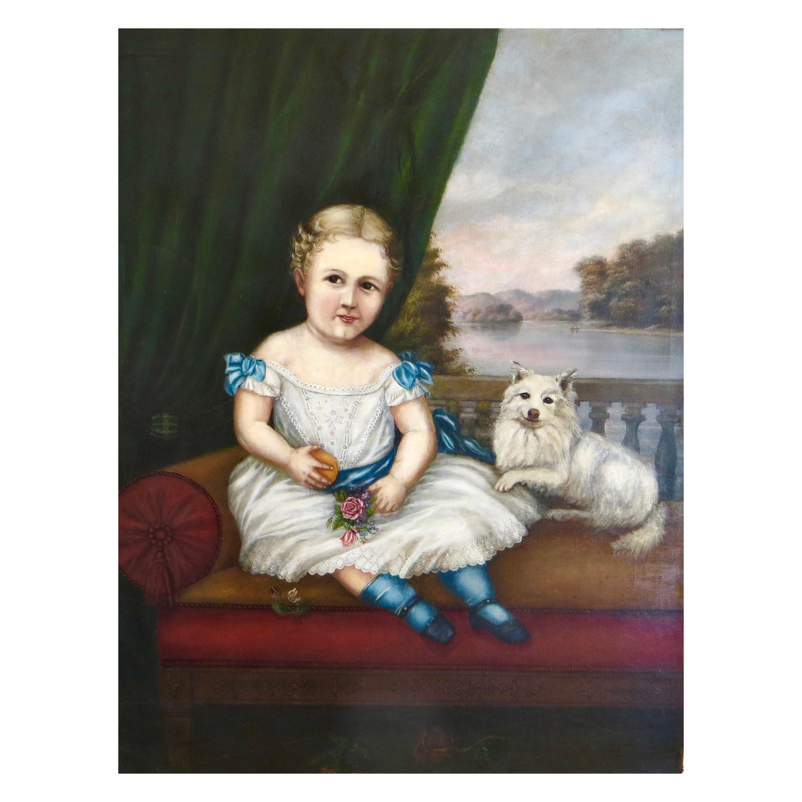 Retrato de arte popular americano del siglo XIX de una joven sentada junto a su perro