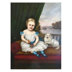 Peinture d'art populaire américain du 19e siècle représentant une jeune fille assise à côté de son chien