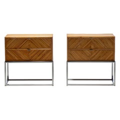 Milo Baughman Style Pencil Reed Bamboo & Chrome Night Stands c. 1970s