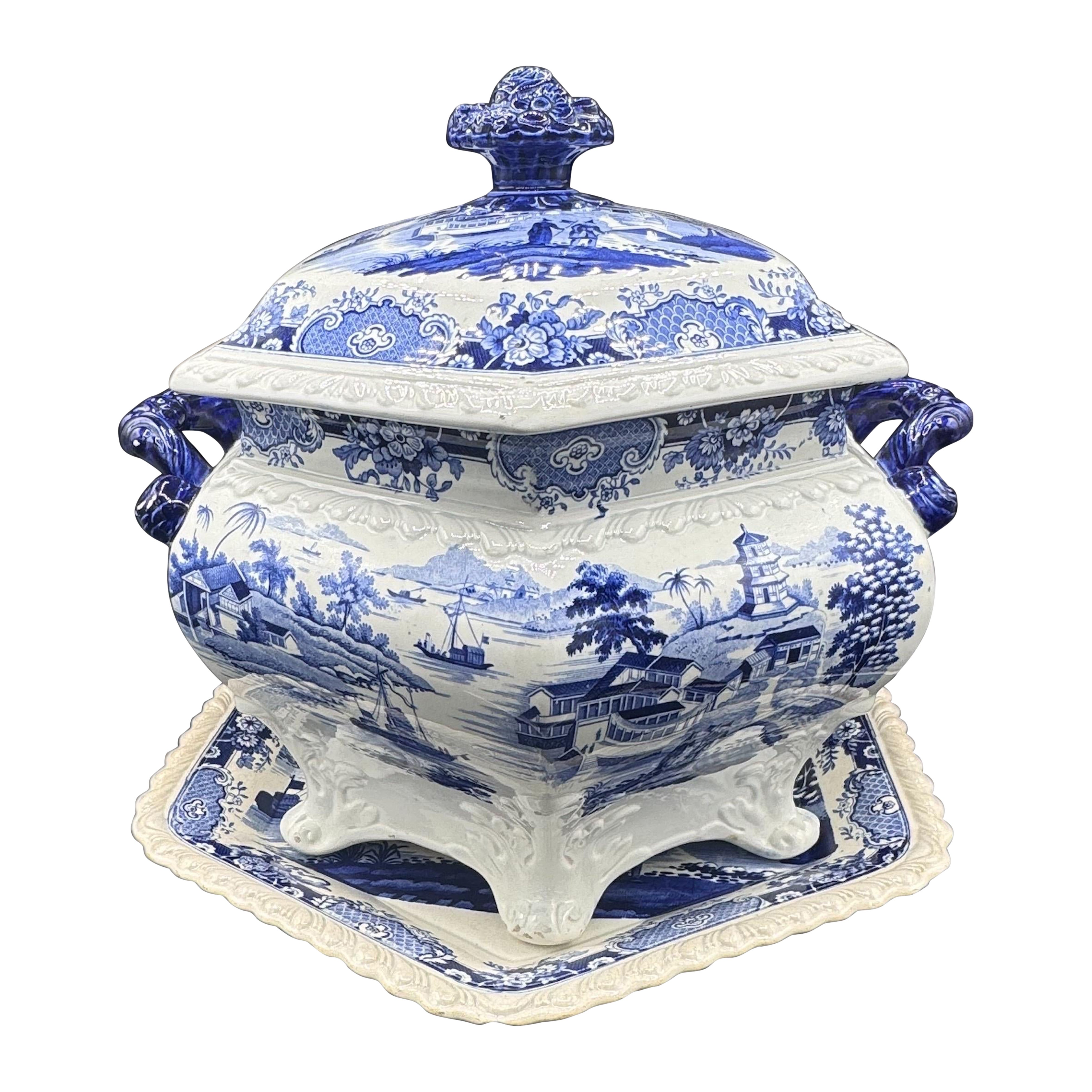 Blue & White Tureen & Platter  “India Temple” Pattern