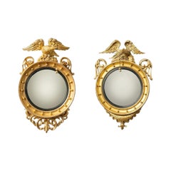 Federal Convex Wall Mirrors, Carved Giltwood, Opposing Eagles, England, 1830s