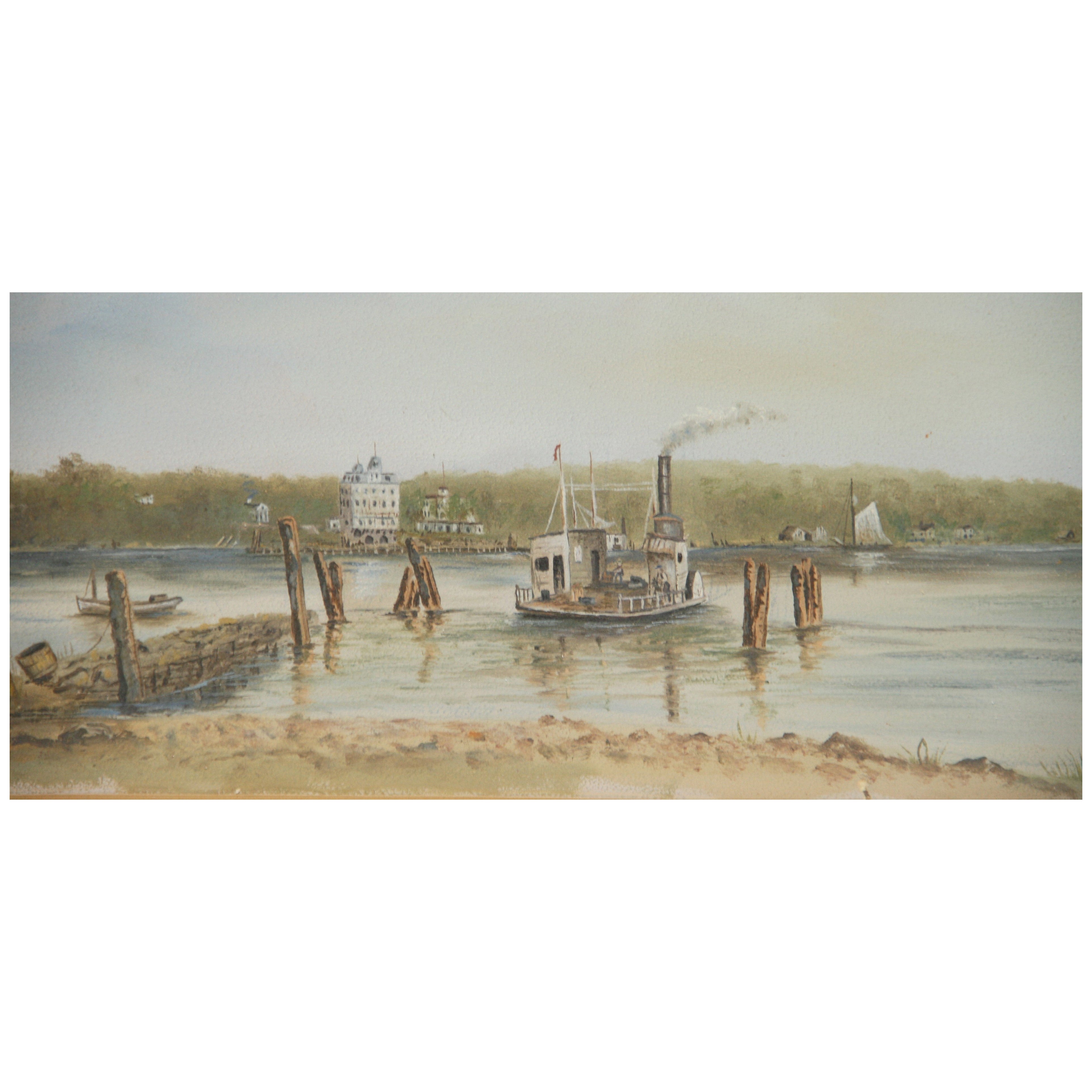 Antique Painting Boats Along The Mississippi" By B.H.Hubbell 1893