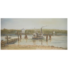 Dipinto antico "Barche lungo il Mississippi" di B. H. H. B. 1893