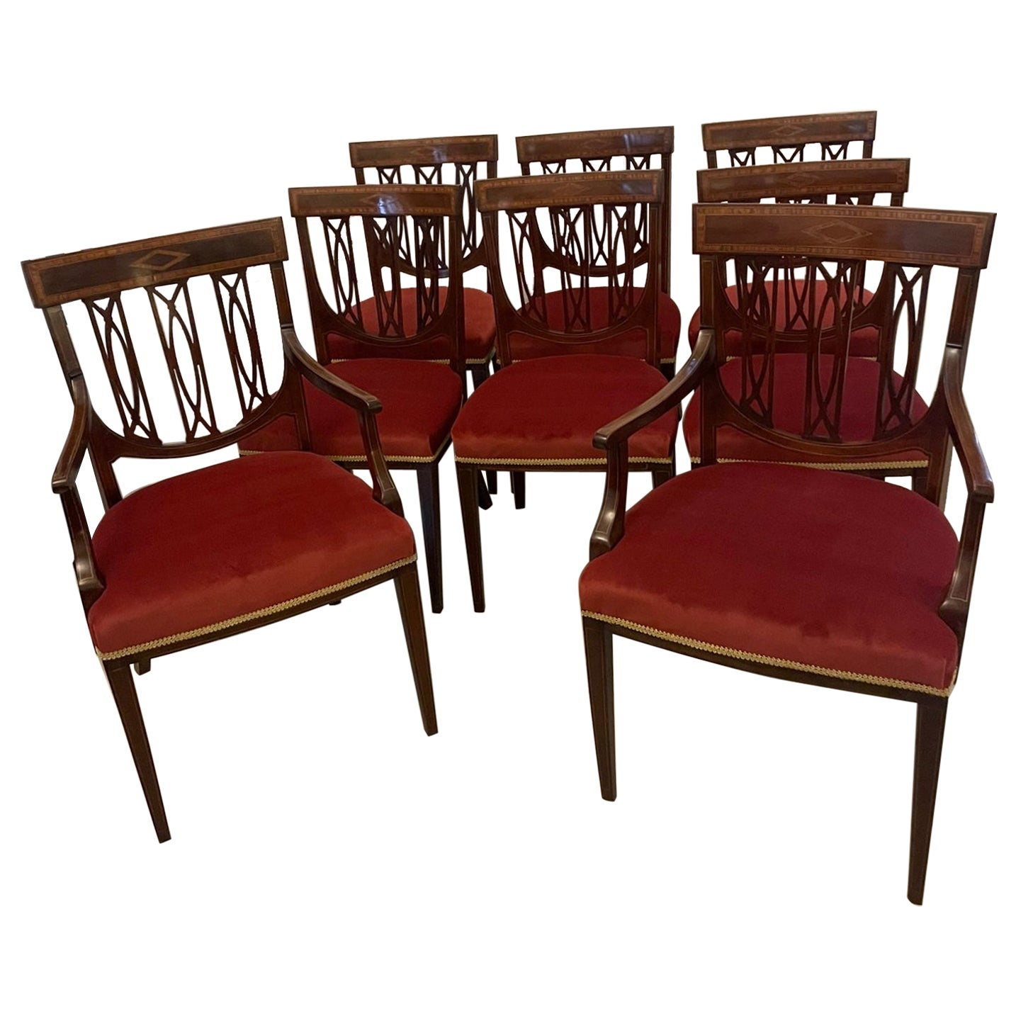 Set antico di otto sedie da pranzo in mogano intarsiato di qualità eccezionale