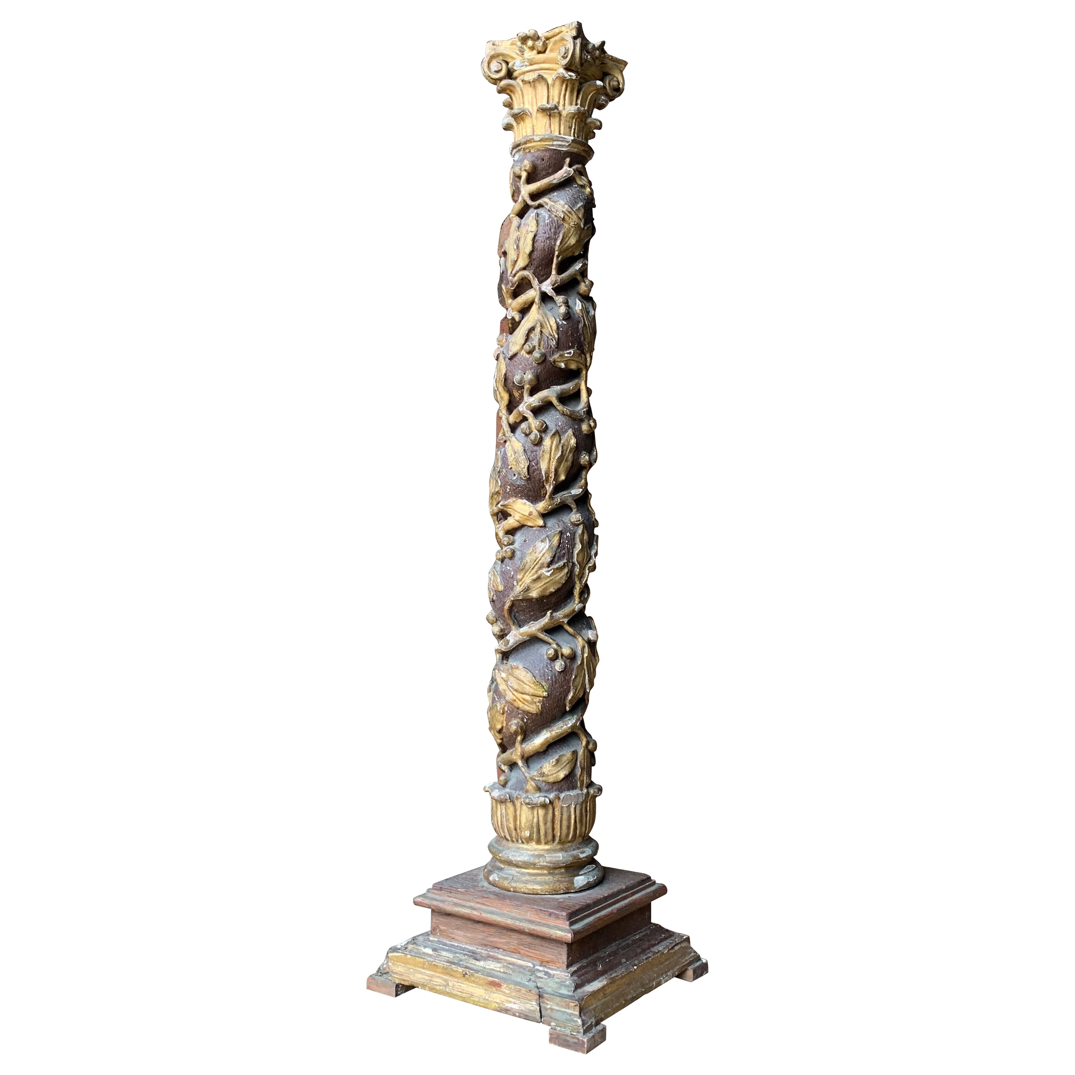 18th Century French Polychrome Carved Wood Column