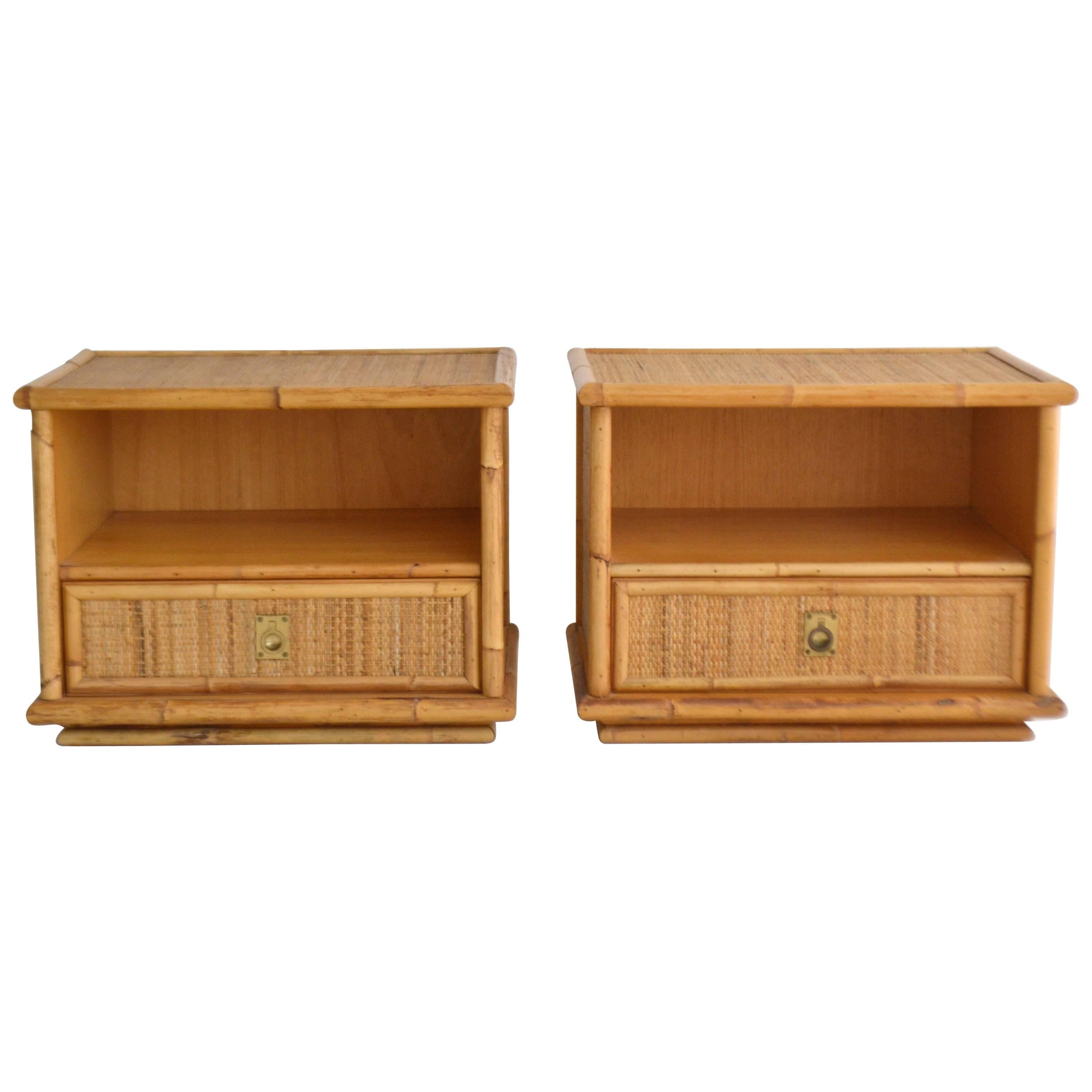 Pair of Italian Mid-Century Woven Rattan Side Tables or Nightstands