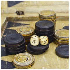 Antique Early 19th Century Black Forest Backgammon Game Box Bone Dice & Counters