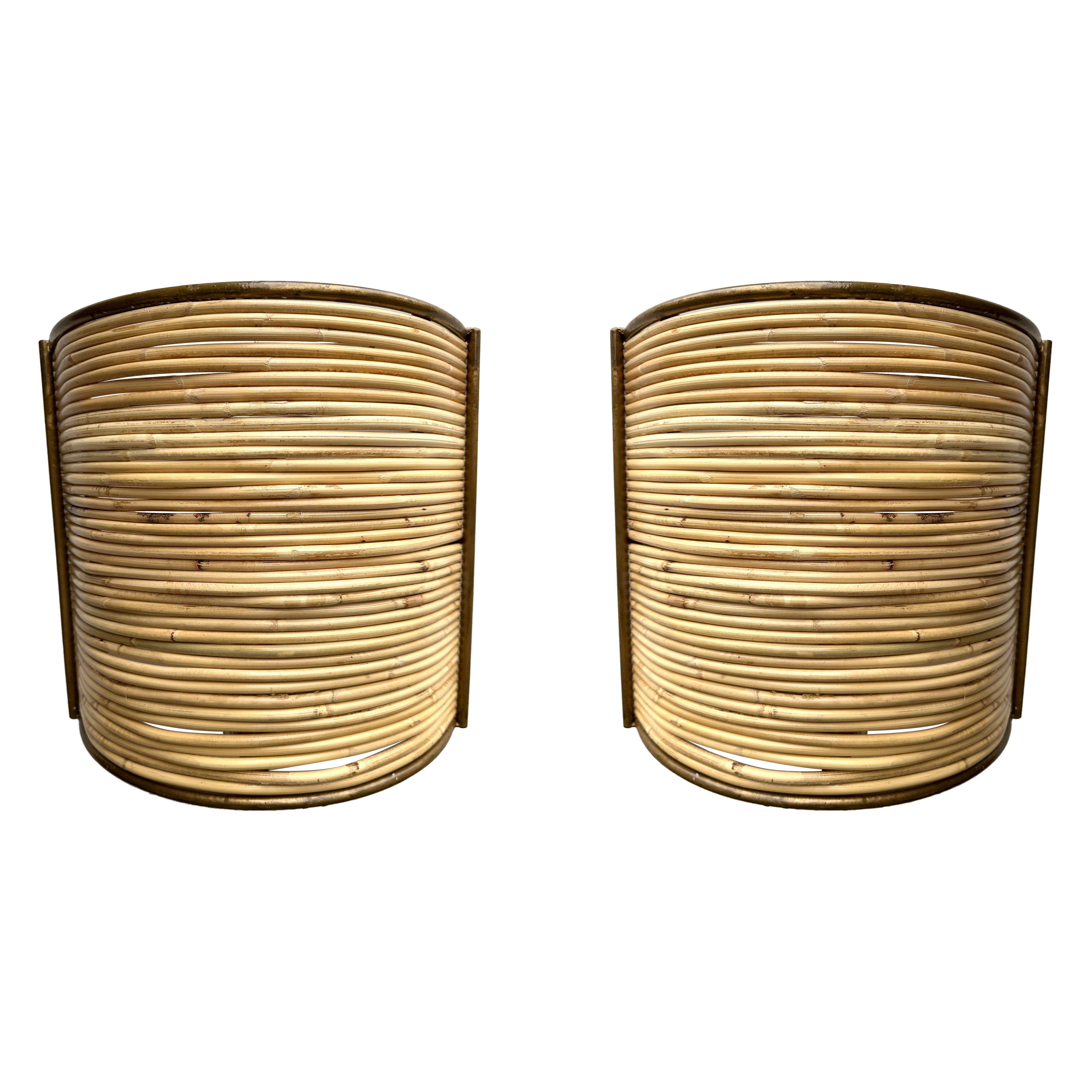 Pair of Rattan and Gilt Metal Sconces. Italy, 2000s