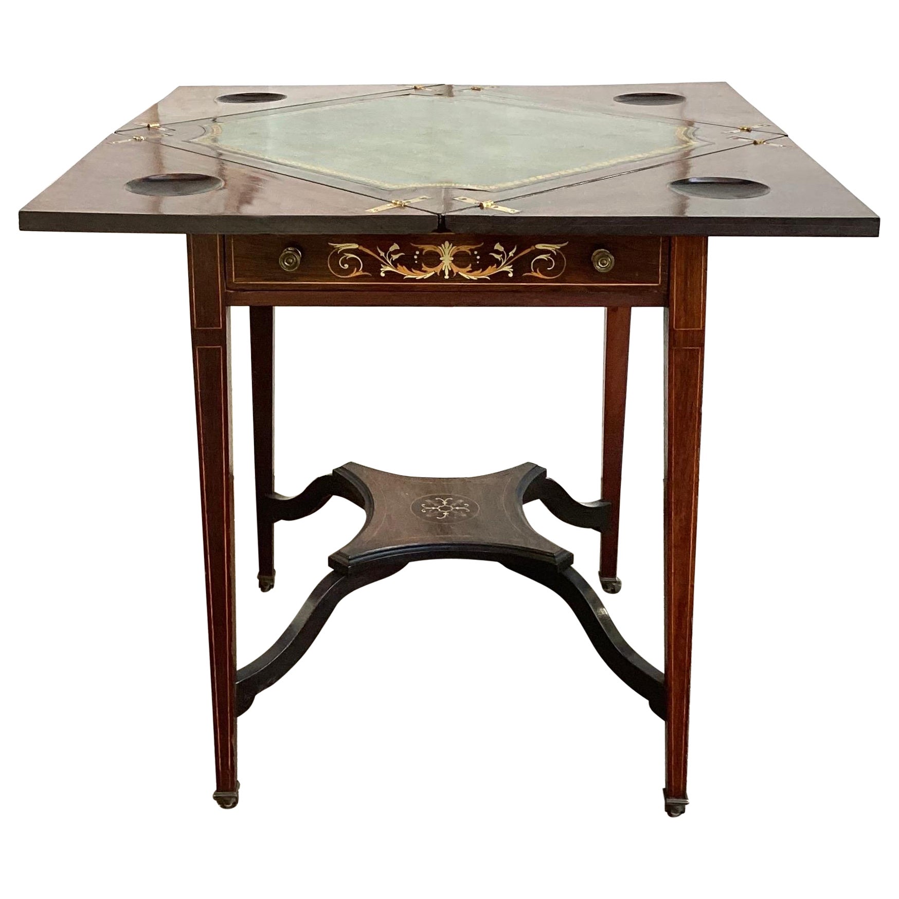 19. Jh. Edwardianisches Rosenholz mit Intarsien Taschentuch Fold-Top Spieltisch