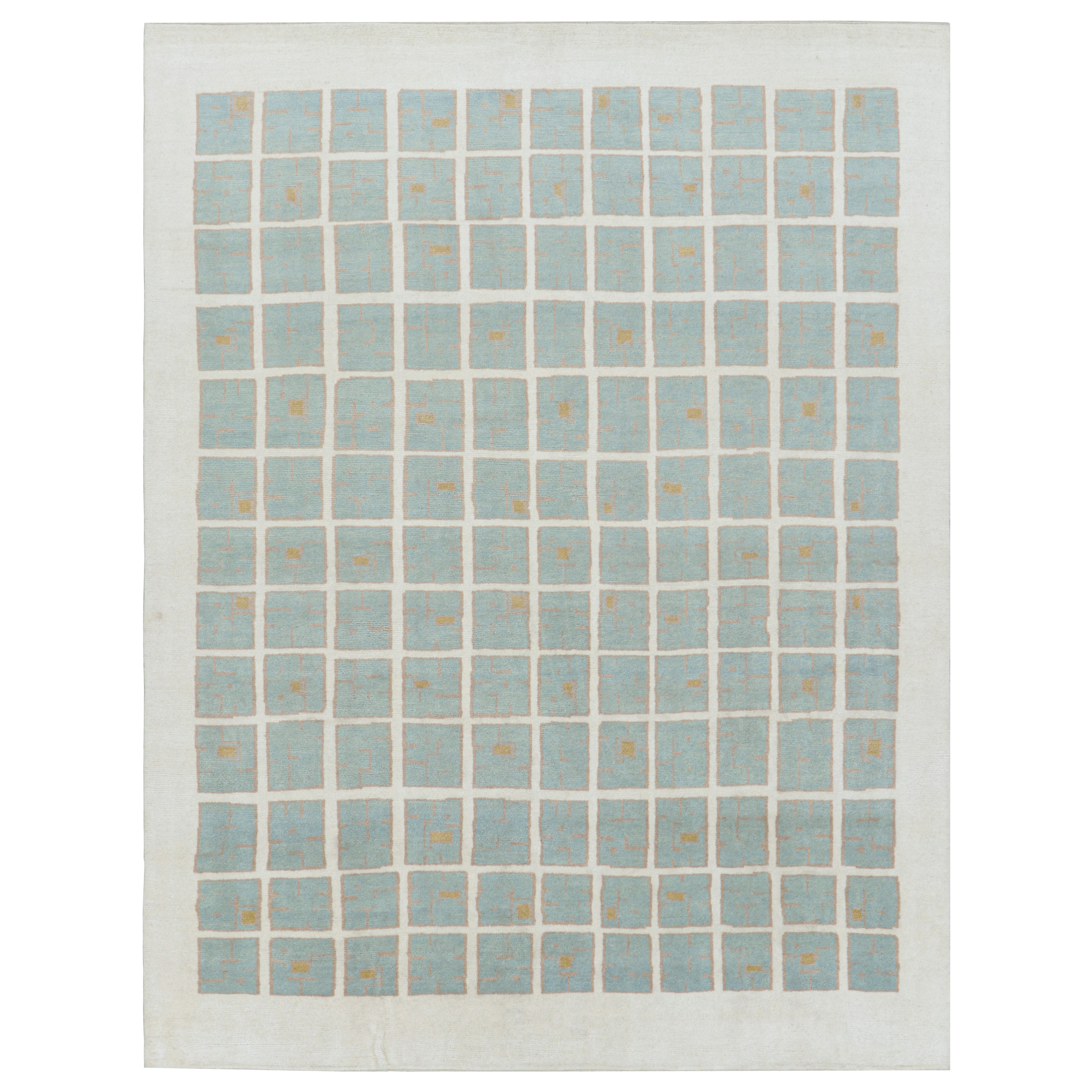 Rug & Kilim’s French Art Deco Style Rug in White with Blue Geometric Patterns