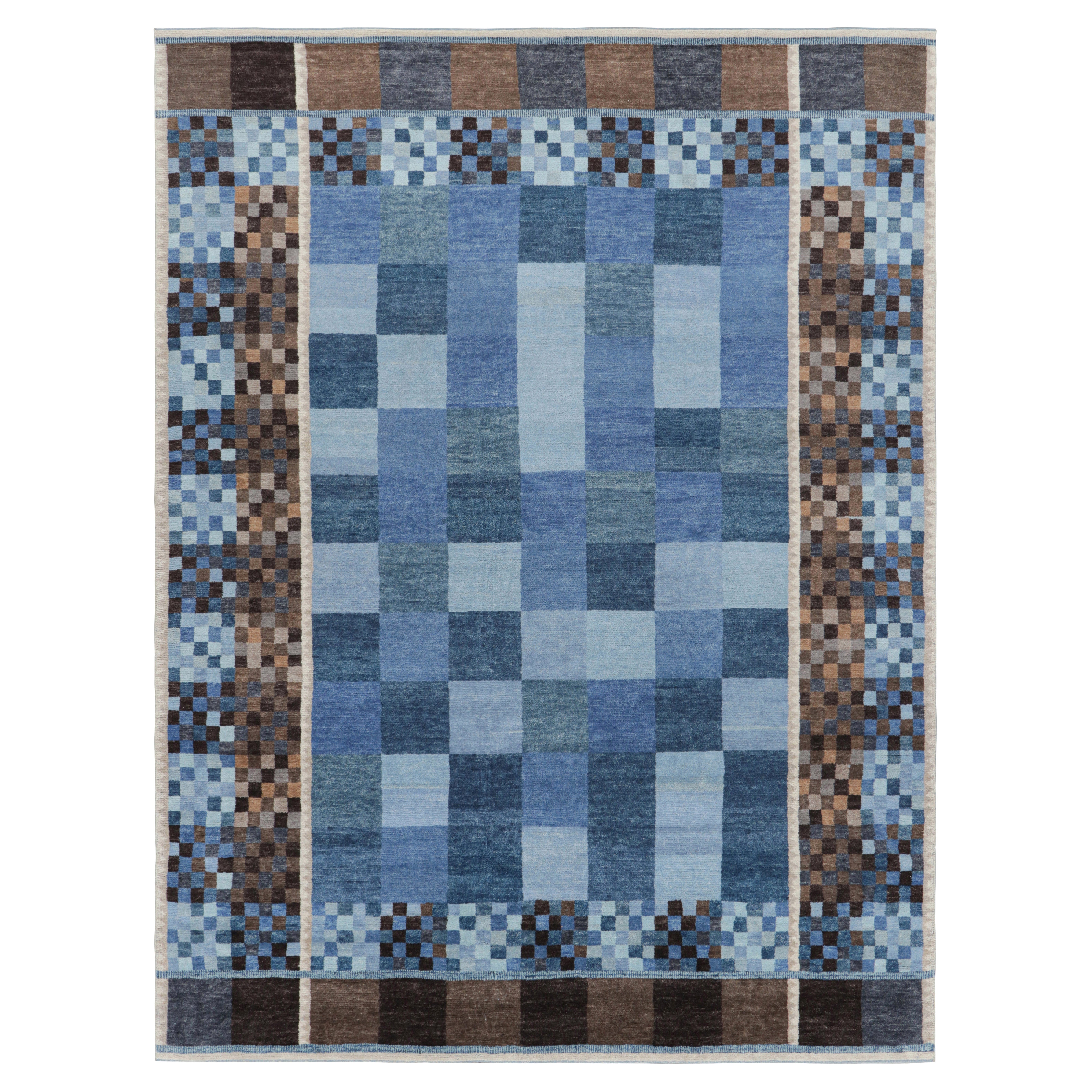 Rug & Kilim's Scandinavian Style Rug in Blue and Brown with Geometric Patterns (tapis de style scandinave à motifs géométriques)