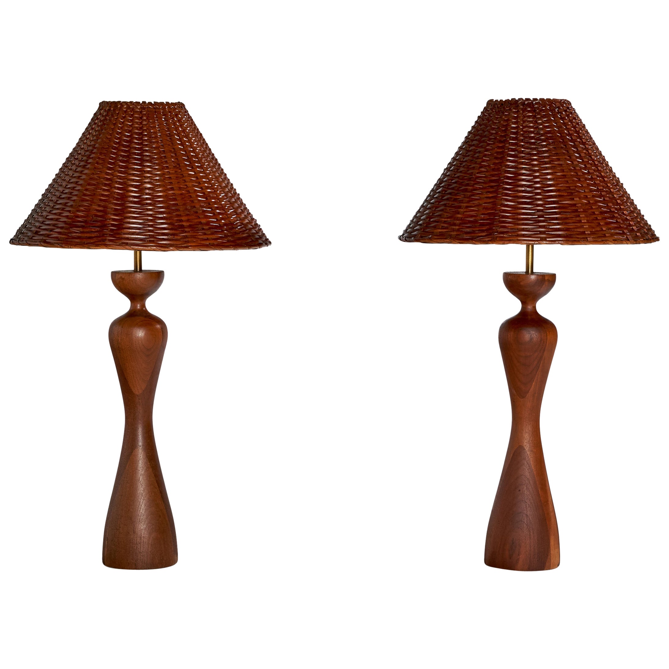 American Designer, Table Lamps, Wood, Brass, Rattan, USA, 1950s