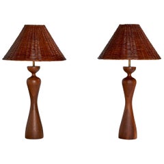 Diseñador americano, Lámparas de mesa, Madera, Latón, Ratán, EE.UU., Años 50