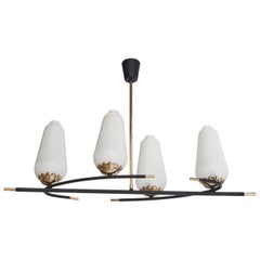 French Designer, Chandelier, Brass, Metal, Glass, France, 1950s