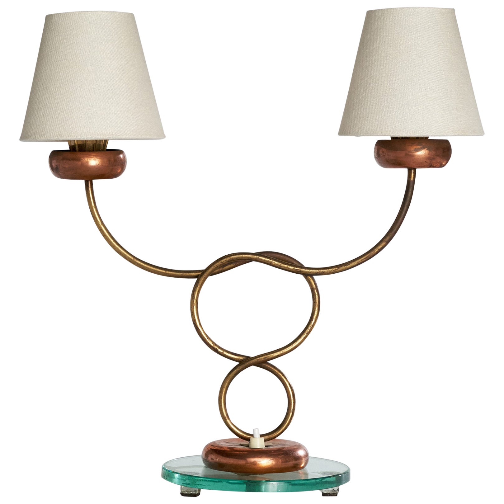 Italian Designer, Table Lamp, Brass, Copper, Glass, Fabric, Italy, 1930s