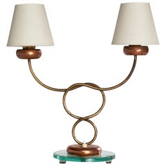 Italian Designer, Table Lamp, Brass, Copper, Glass, Fabric, Italy, 1930s