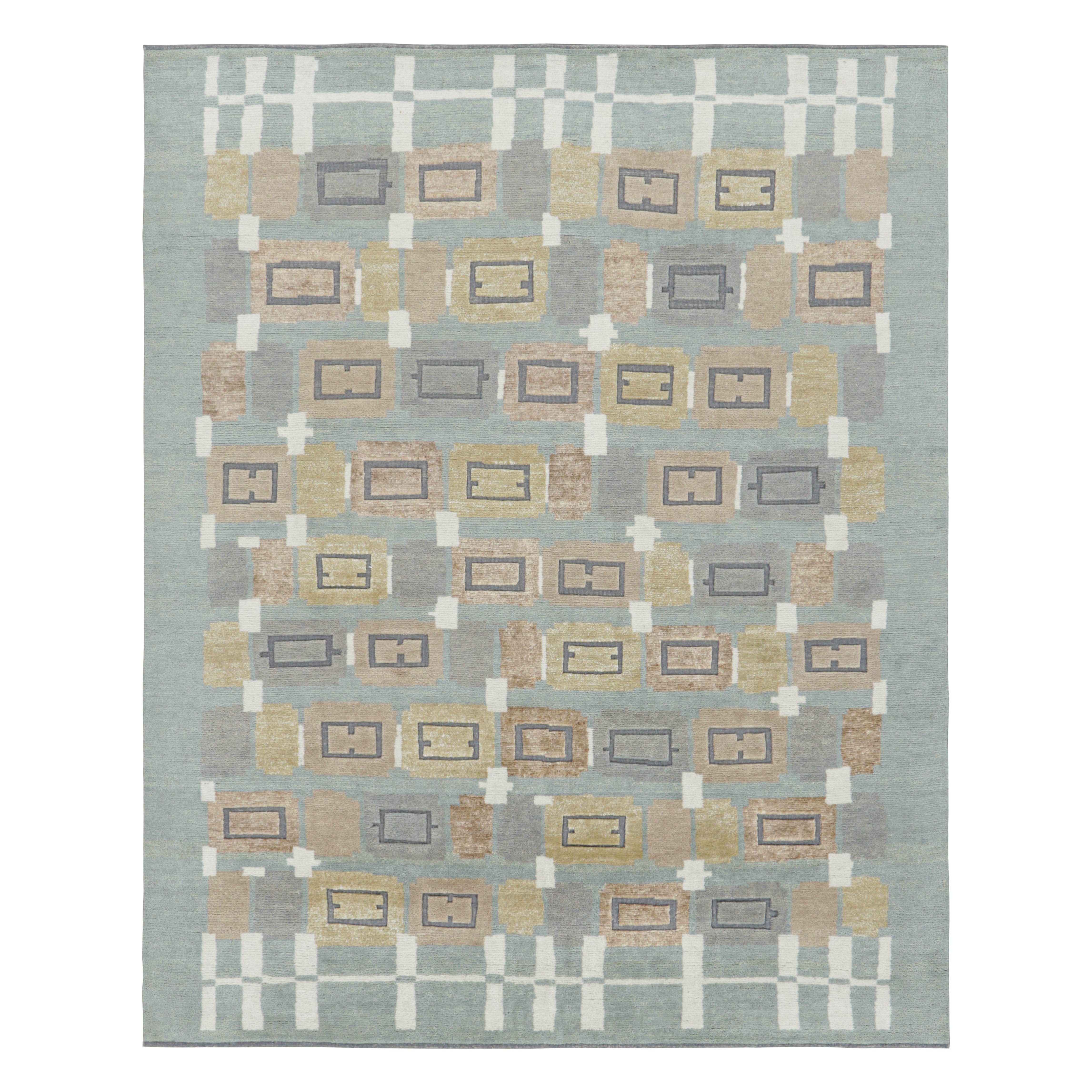 Rug & Kilim's Teppich im skandinavischen Stil in Blau mit beige-braunen geometrischen Mustern