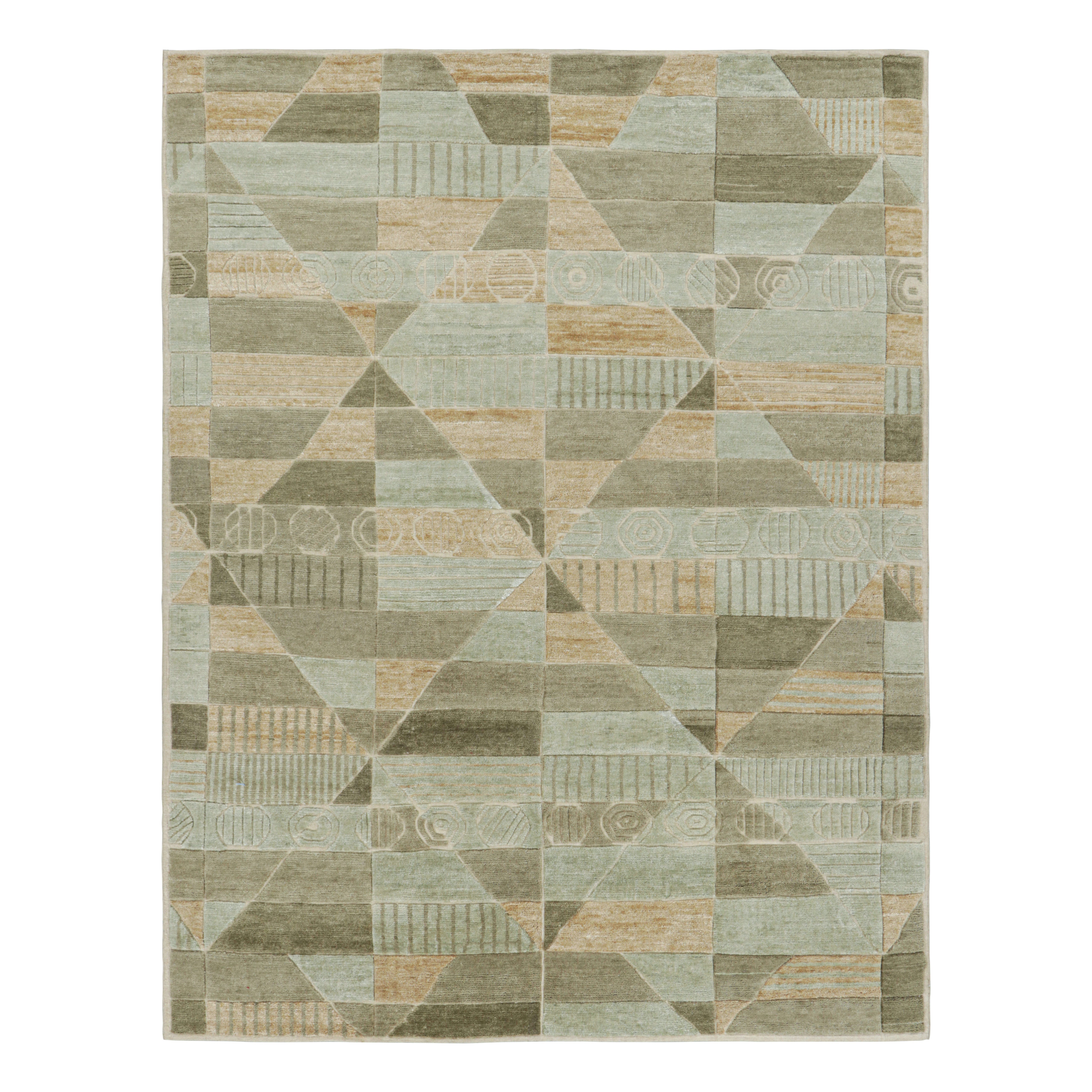 Rug & Kilim’s Scandinavian Style Rug in Green with High-Low Geometric Patterns