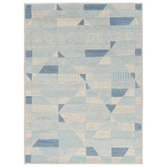 Rug & Kilim’s Scandinavian Style Rug in Cream & Blue High-Low Geometric Pattern