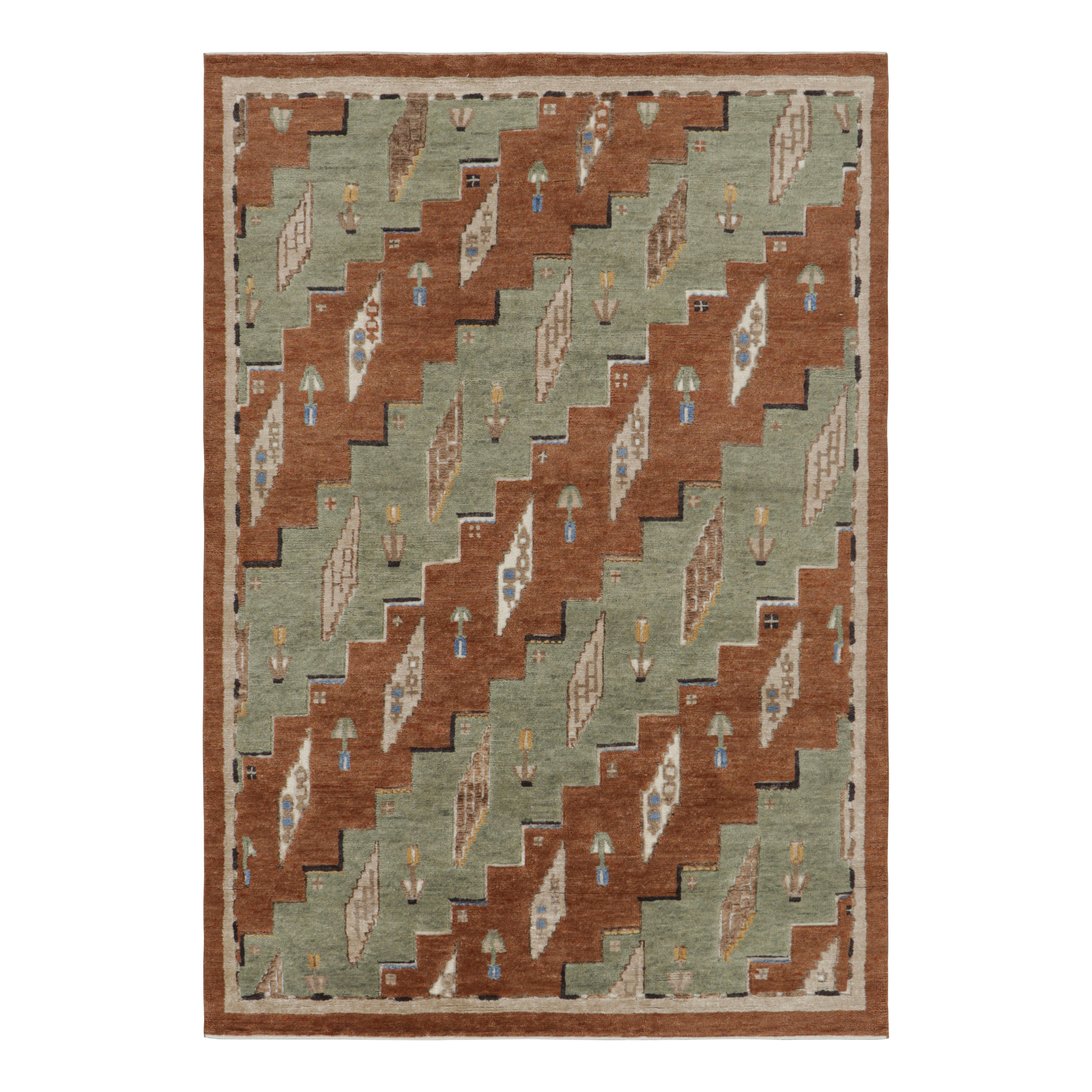 Rug & Kilim’s Scandinavian Style Rug in Green and Brown with Geometric Patterns