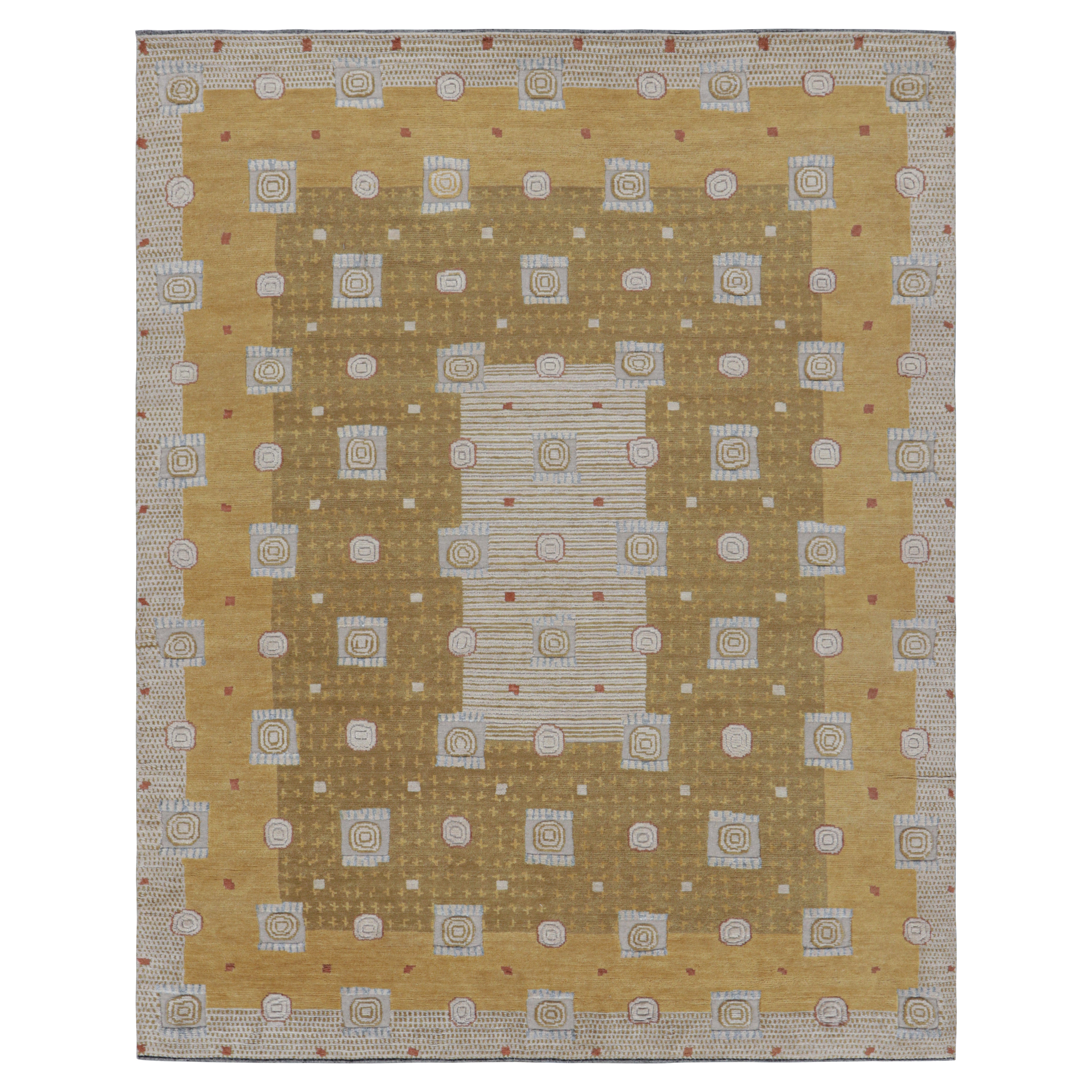 Rug & Kilim’s Scandinavian Style Custom Rug with Gold & Cream Geometric Patterns For Sale
