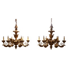 Pair of Early 20th Century Italian Carved Giltwood Six-Light Chandeliers