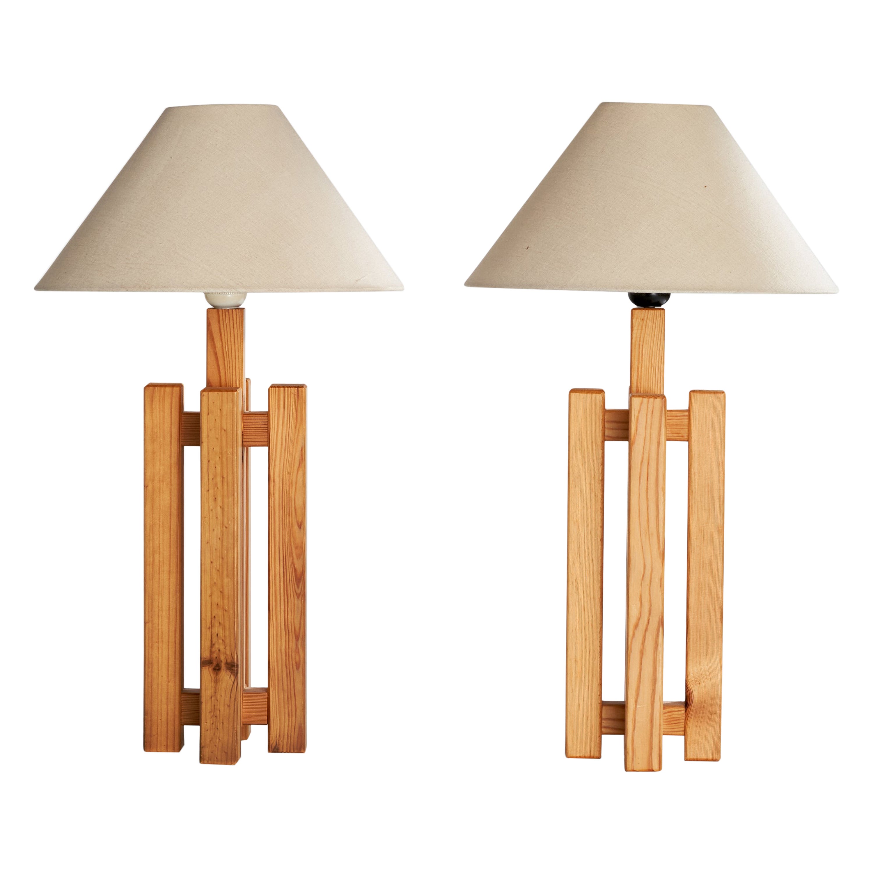 Schwedische Designerin, Tischlampen, Kiefernholz, Stoff, Schweden, 1970er Jahre