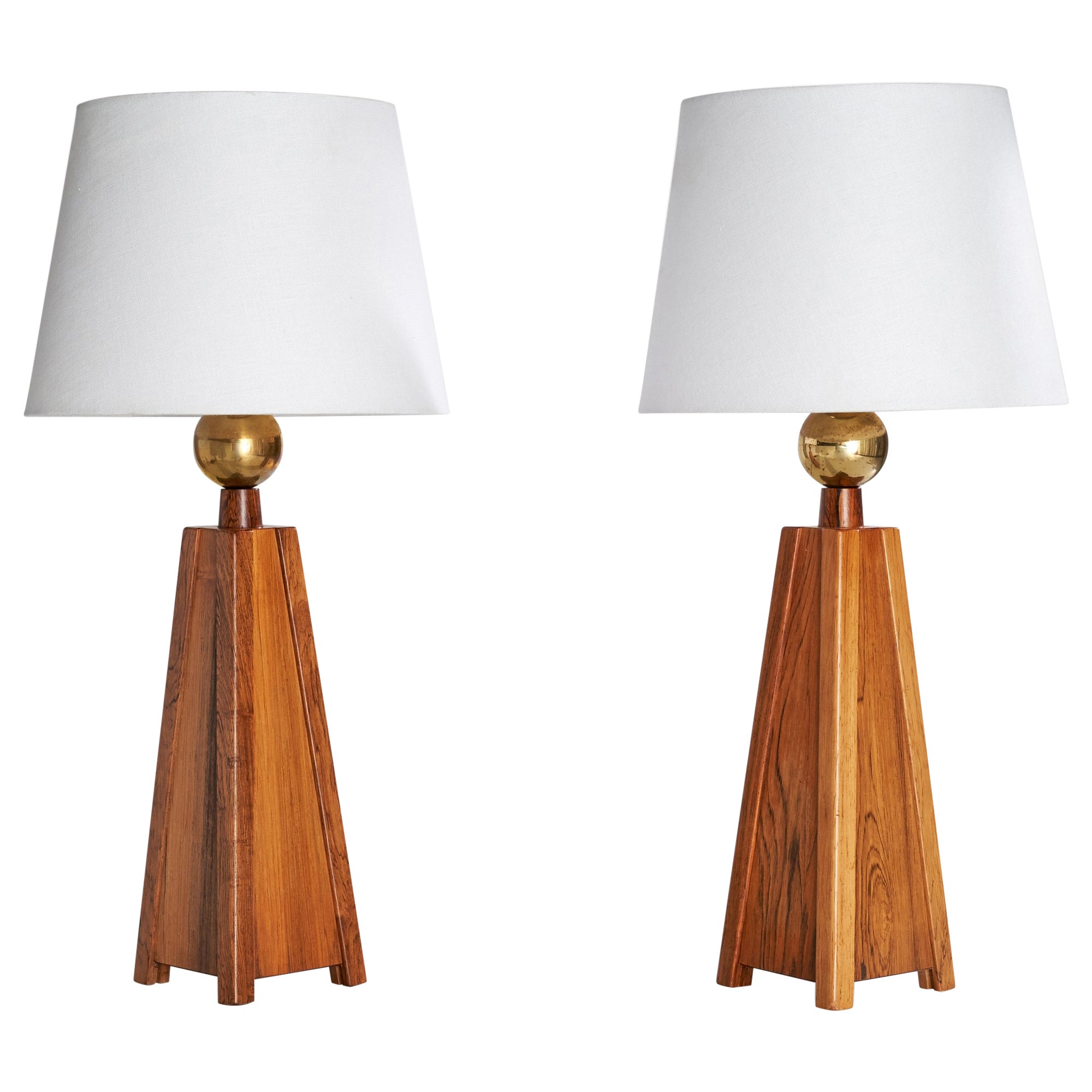 Swedish Designer, Table Lamps, Rosewood, Brass, Sweden, 1950s For Sale