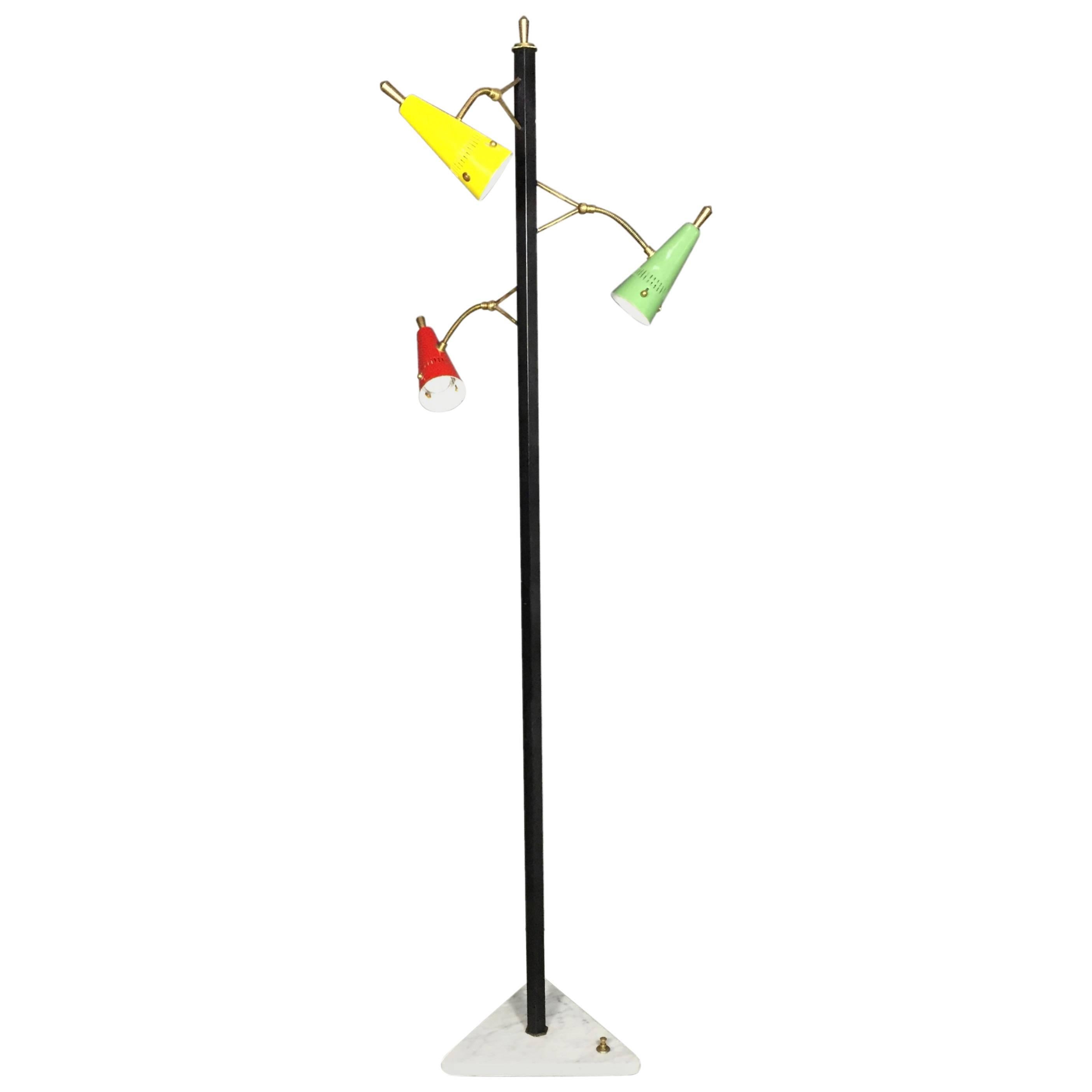 Three-Shade Enameled Metal, Brass and Marble Floor Lamp, Italy, circa 1970 For Sale