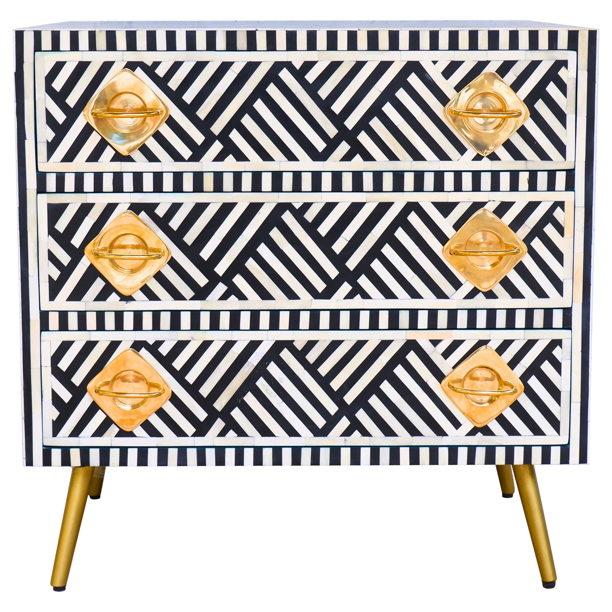 Lines Black Inlay Three Drawer Dresser, Chest of Drawer Handcrafted by Artisanal