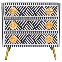 Lines Black Inlay Three Drawer Dresser, Chest of Drawer Handcrafted by Artisanal