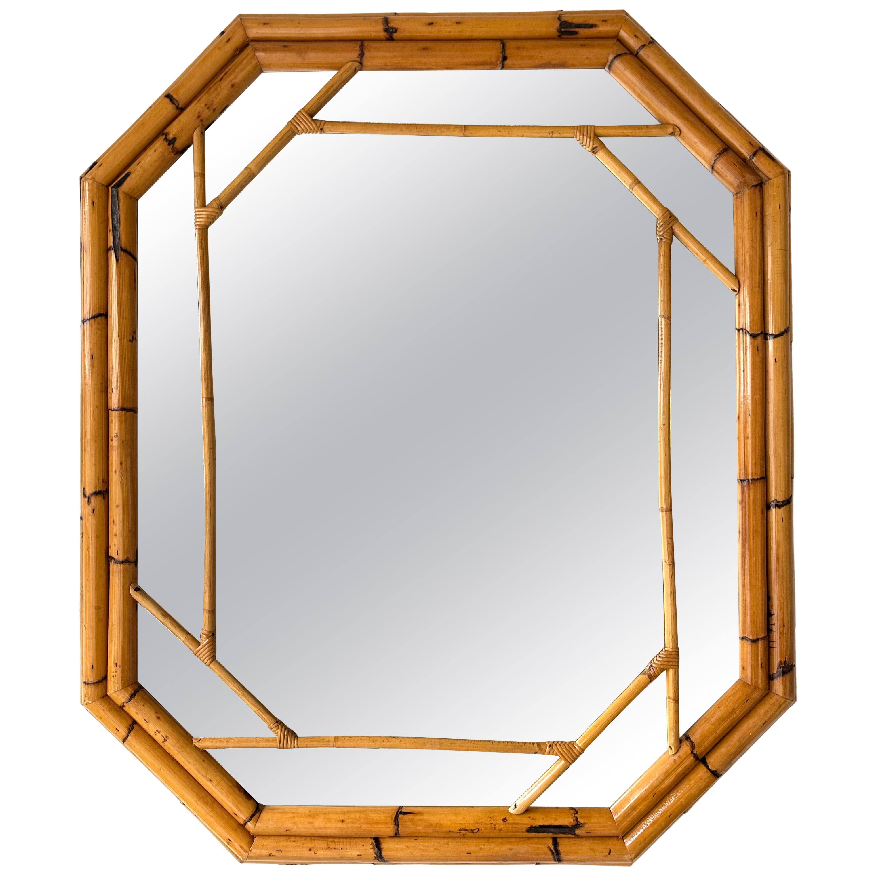 Bamboo Octogonal Beaded Mirror by Vivai Del Sud. Italy, 1970s