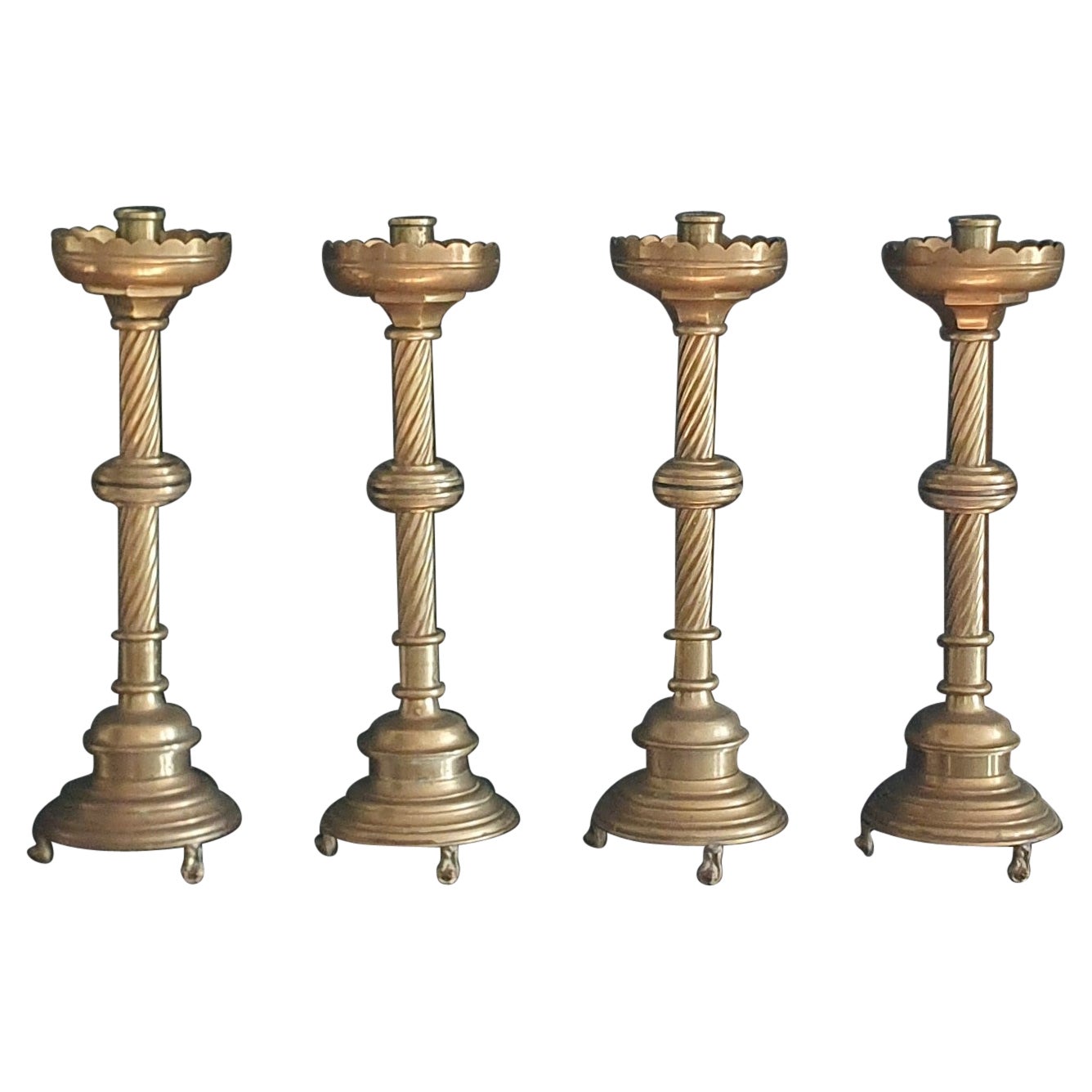 Set of 4 Solid cast Brass Church style tall heavy Candlesticks