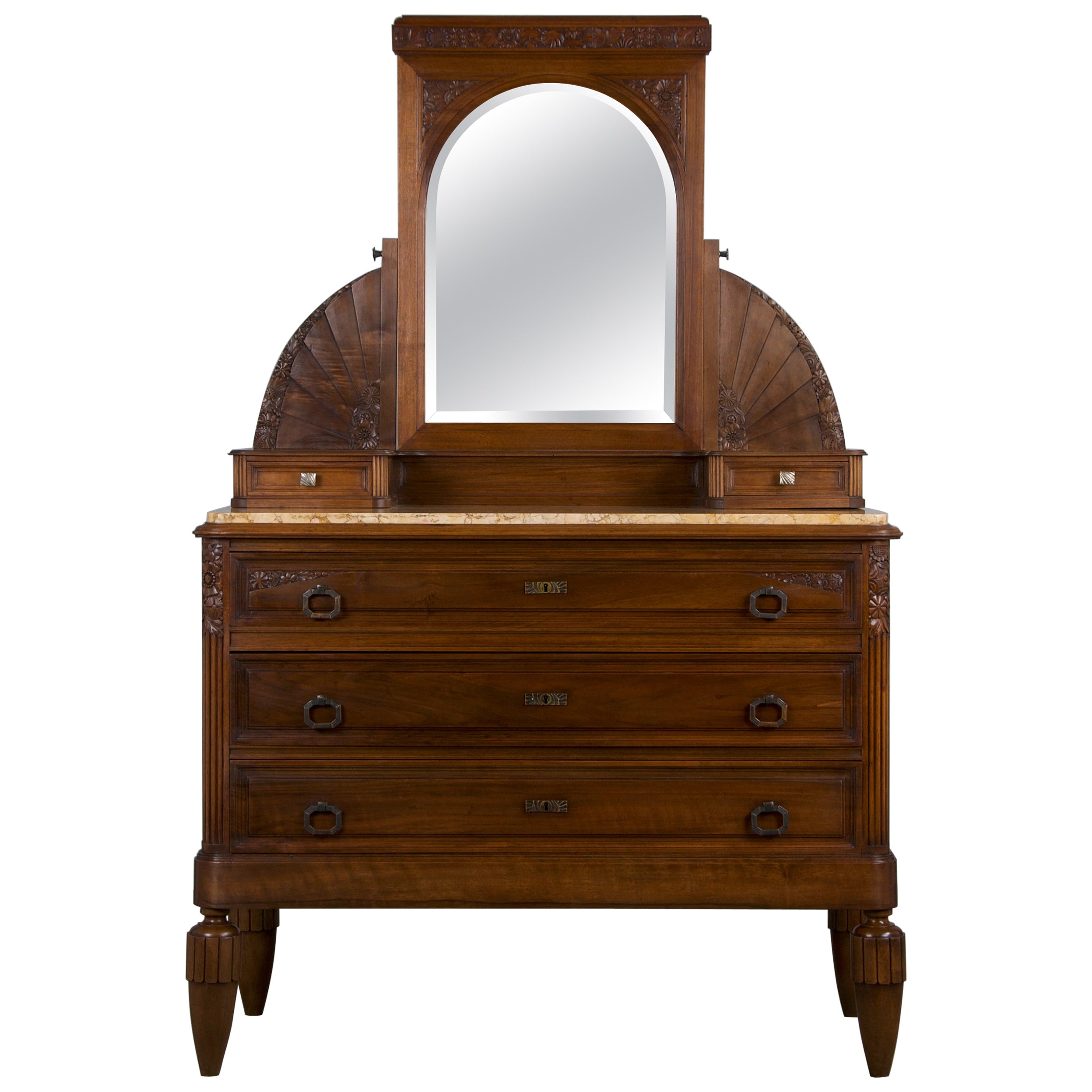 1930s French Art Deco Walnut Dresser W/ Marble Top and Mirror