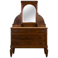 1930s French Art Deco Walnut Dresser W/ Marble Top and Mirror