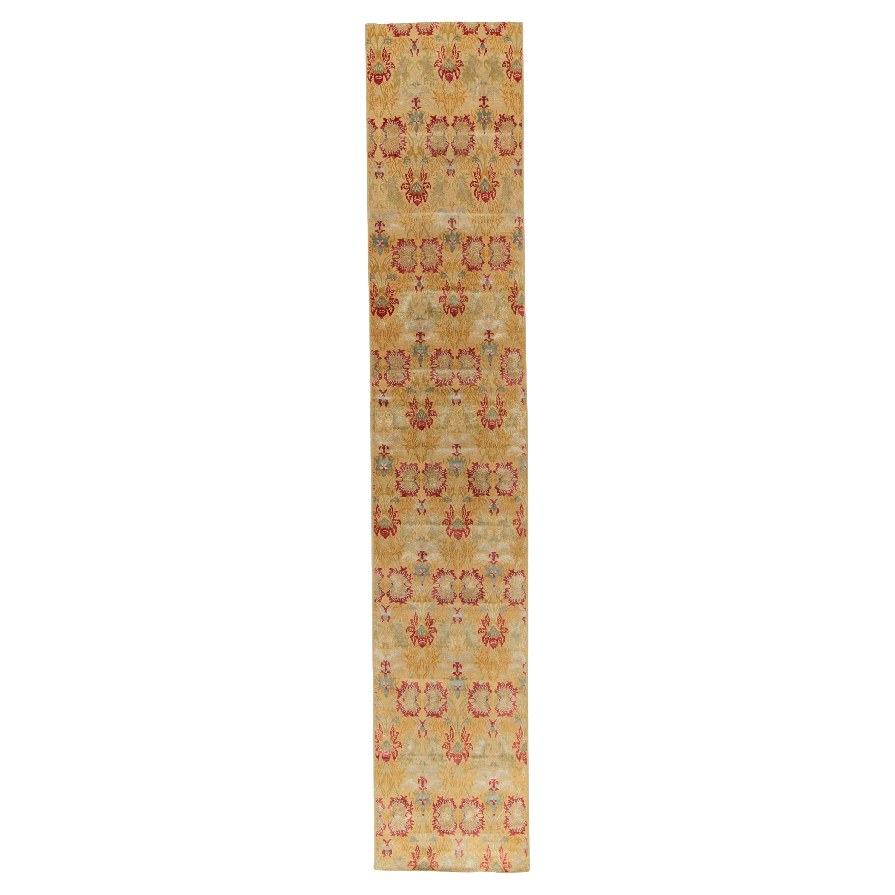 Rug & Kilim's Spanish European Style Runner in Gold, Red & Gray Floral Pattern