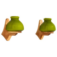 Swedish Designer, Wall Lights, Pine, Glass, Sweden, 1970s