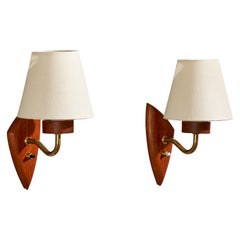 Swedish Designer, Wall Lights, Brass, Teak, Fabric, Sweden, 1950s