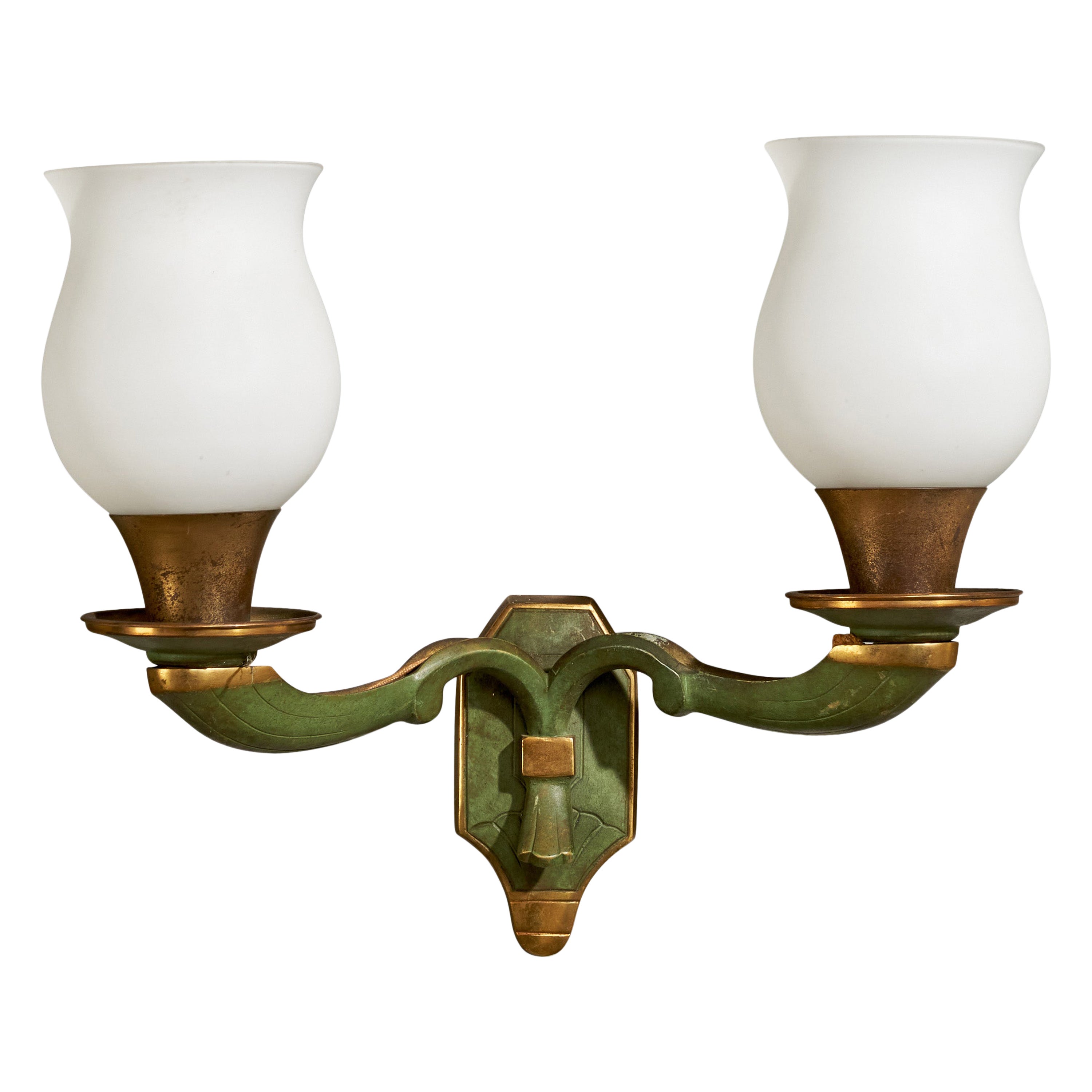 French Designer, Wall Light, Brass, Glass, France, 1930s