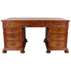 English Walnut Pedestal Desk with Gilt-Tooled Leather Lined Top