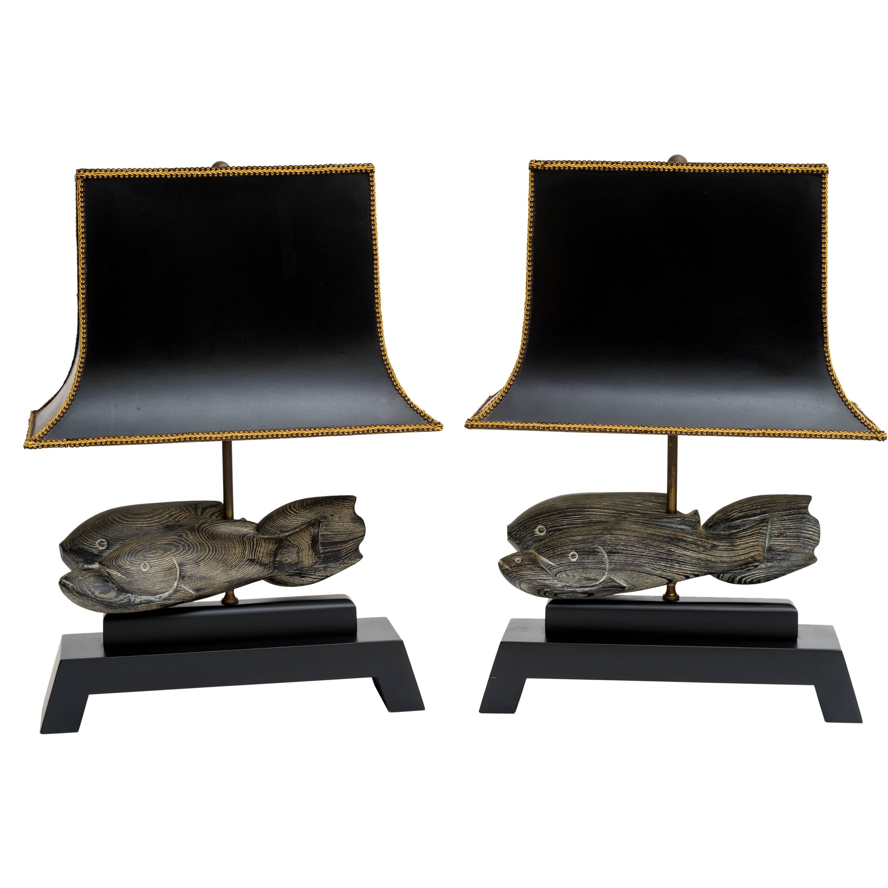 Cerused Fish Sculpture Lamps with Platform Bases For Sale