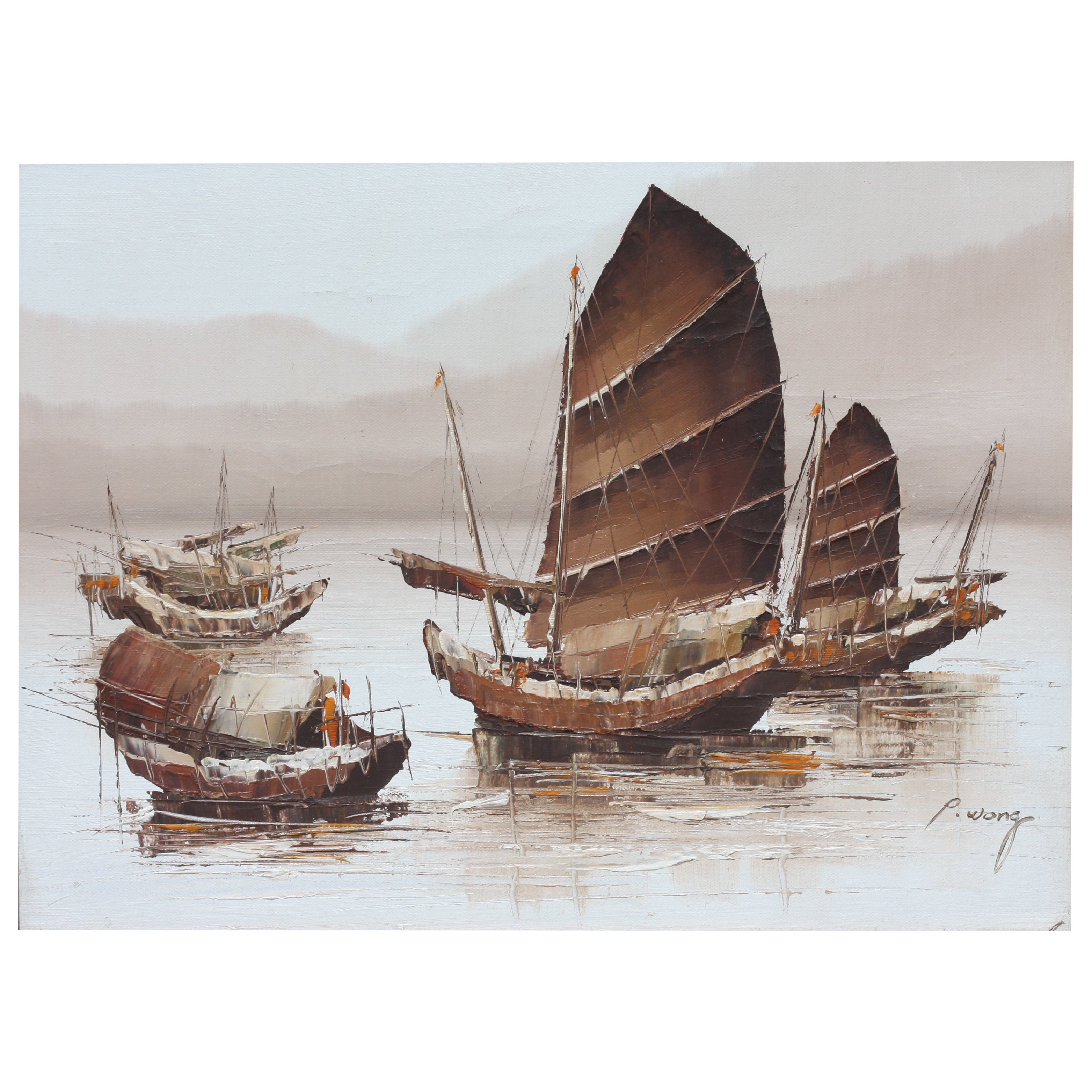 P. Wong, (Siglo XX, Escuela Asiática) Juncos chinos, acrílico sobre lienzo en venta