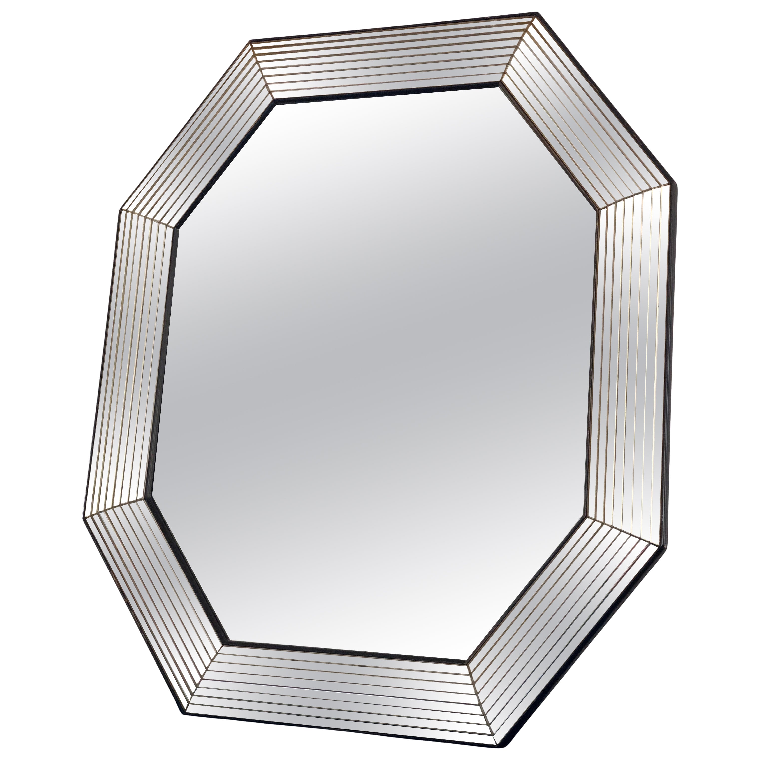 Vintage Deknudt Octagon Mirror Hollywood Regency in Silver and Black 1980s