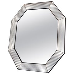 Vintage Deknudt Octagon Mirror Hollywood Regency in Silver and Black 1980