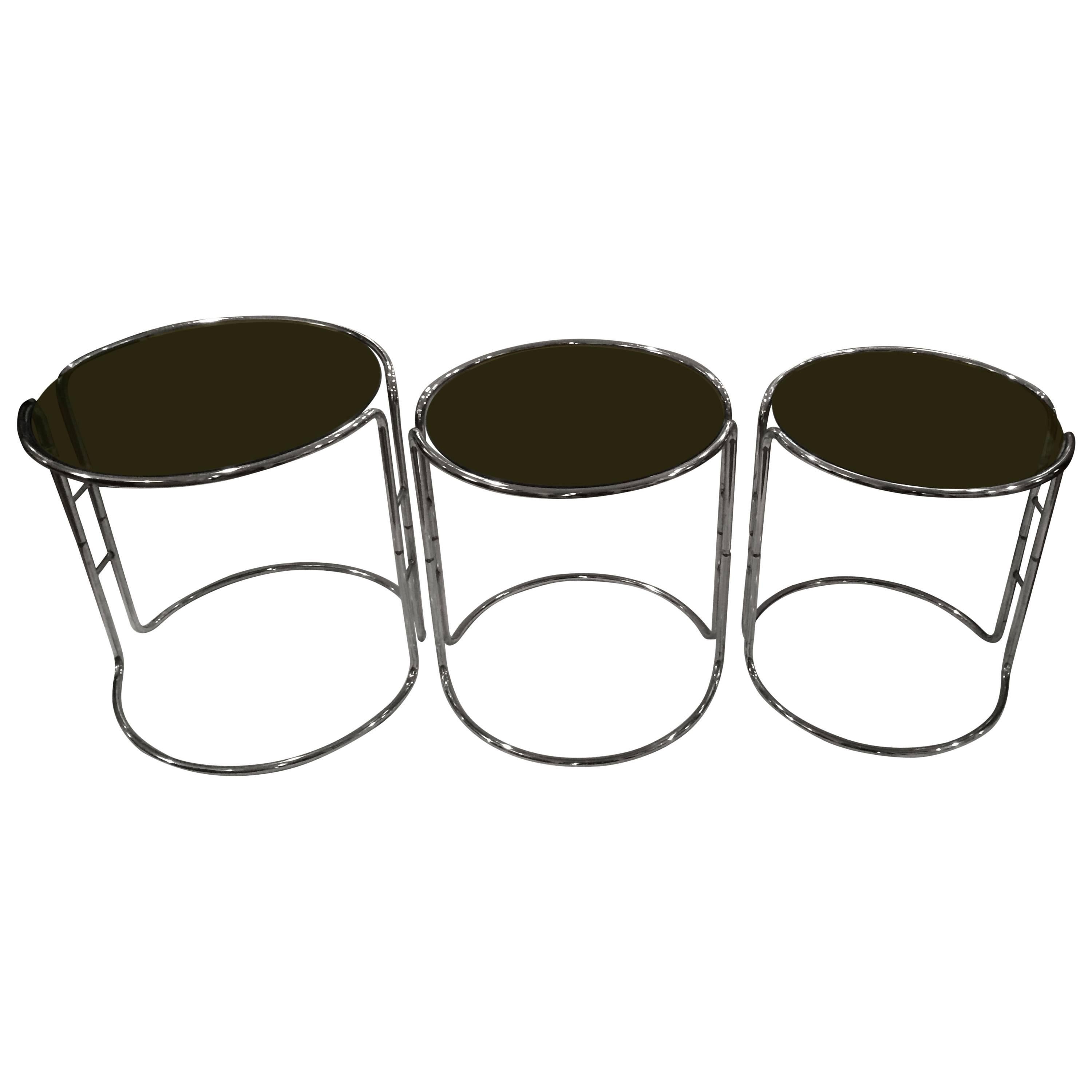 Set of Three Milo Baughman Chrome and Smoked Glass Stacking Tables