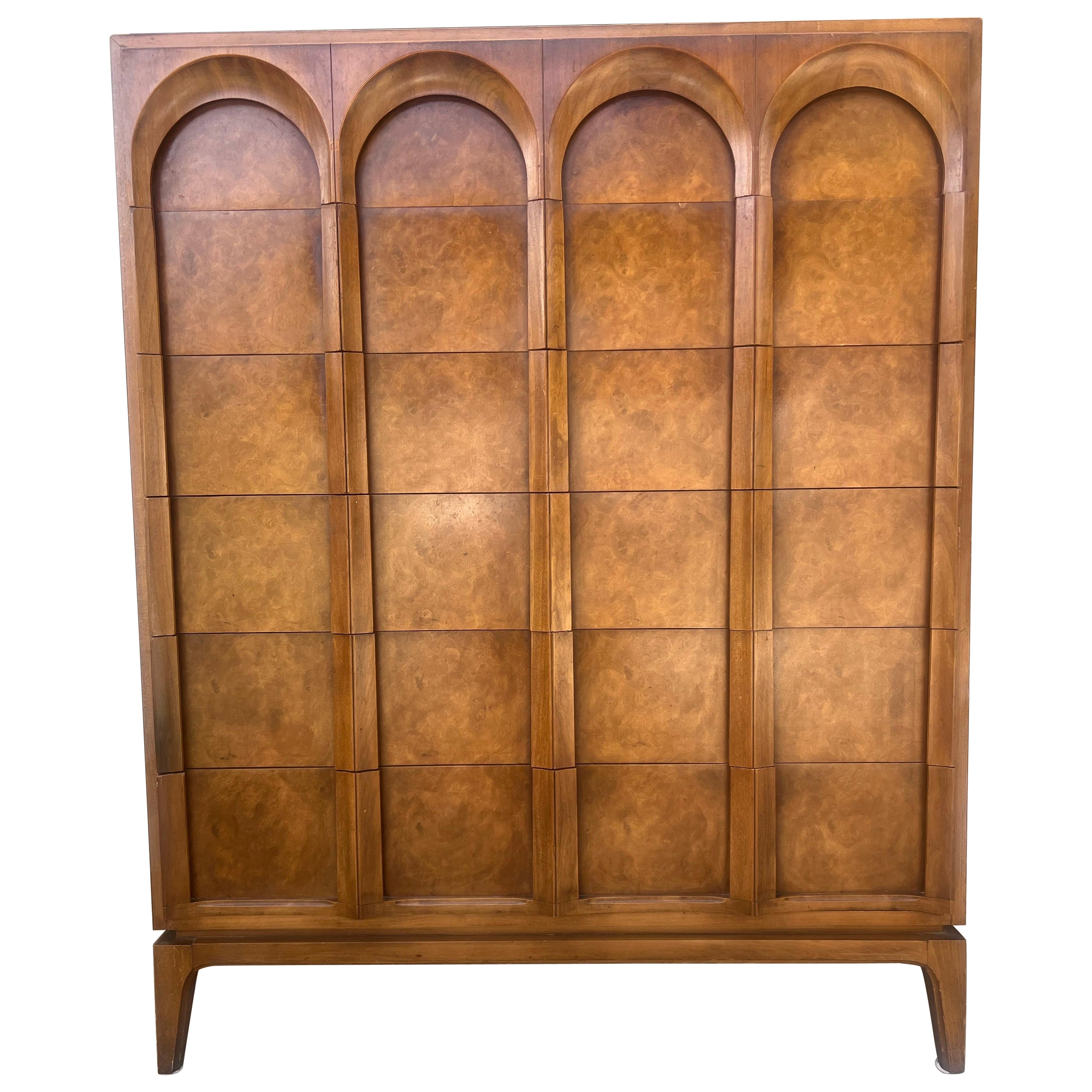 1960s Thomasville Sculptural 'Acrhed' 6 Drawer Tall Dresser Walnut & Olive Burl