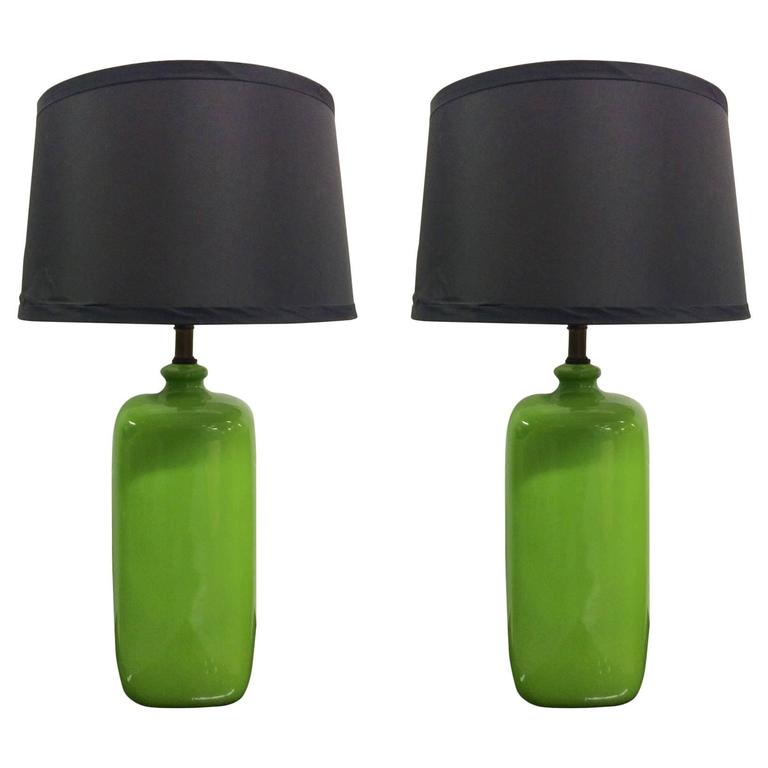 Monumental Pair Of Mid Century Ceramic Lamps In Black With Gold And Pair Of Mid Century Modern Green Ceramic Lamps