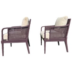 1980’s Regency Cane Lounge Chairs Lacquered in “Brinjal”, Newly Upholstered