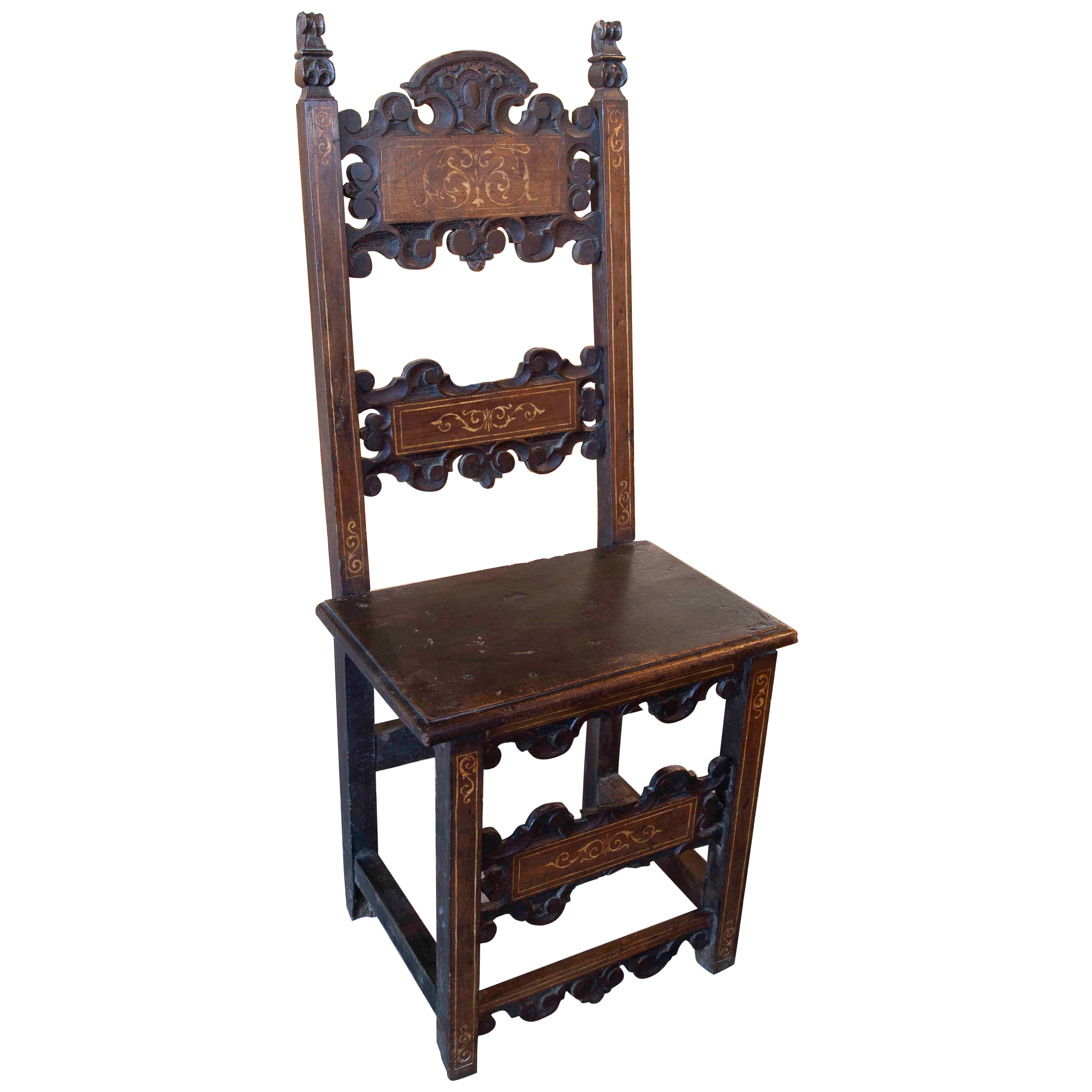 17th Hand Carved Antique Italian Wood Chair with Inlaid Inlays For Sale